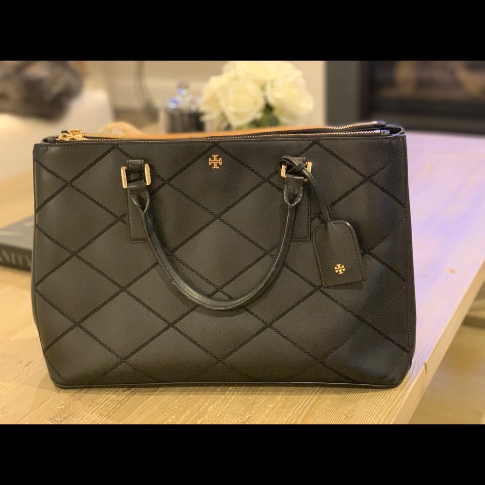 Tory Burch Black Stitched Double Zip Leather Tote